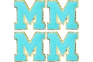 Jongdari Letter Patches Varsity Chenille Iron on Letters Patchs for Clothing, 4pcs English Letter M with Gold Glitters Border, Alphabet Sewing Appliques (Blue M)