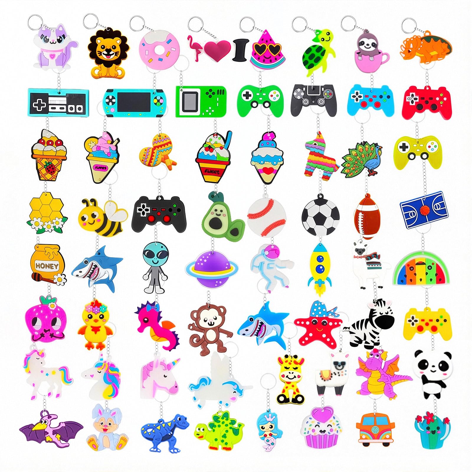 Ruispeed 64-Piece Kids Keychain Set – Unicorn, Dinosaur, Animal & Donut Party Favors for Birthday Gift Bags, School Prizes, Party Supplies