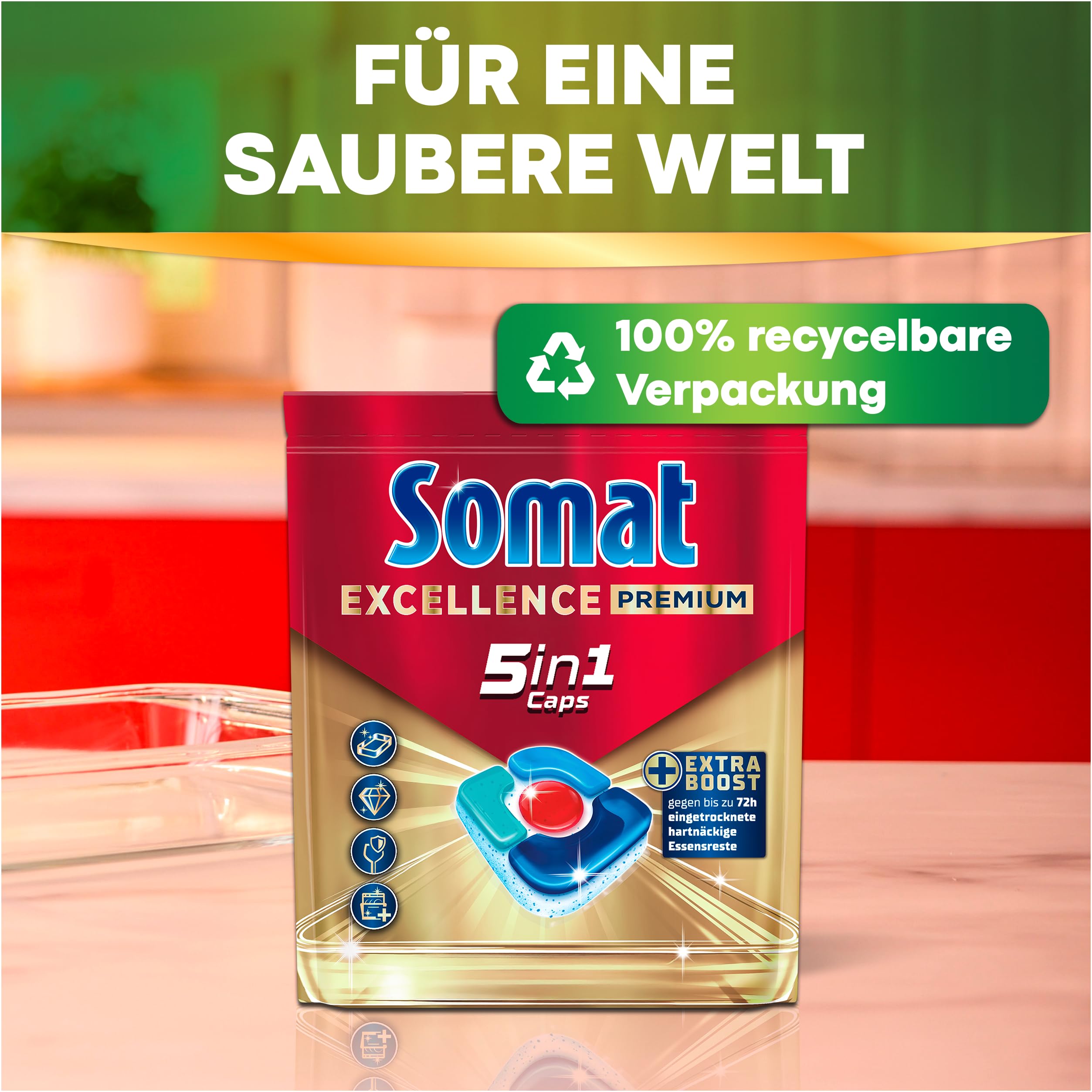 SOMAT Excellence Premium 5in1 Caps (75), schnellauflösende Spülmaschinentabs mit Extra Boost auch im Niedrigtemperatur-, Kurz- & Eco-Programm, entfernen selbst 72 h eingetrocknete Essensreste 5