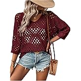 BEAUDRM Women's Hollow Out Crochet Knit Tops Y2k 3/4 Sleeve Pullover Summer Sweater Going Out Outfits