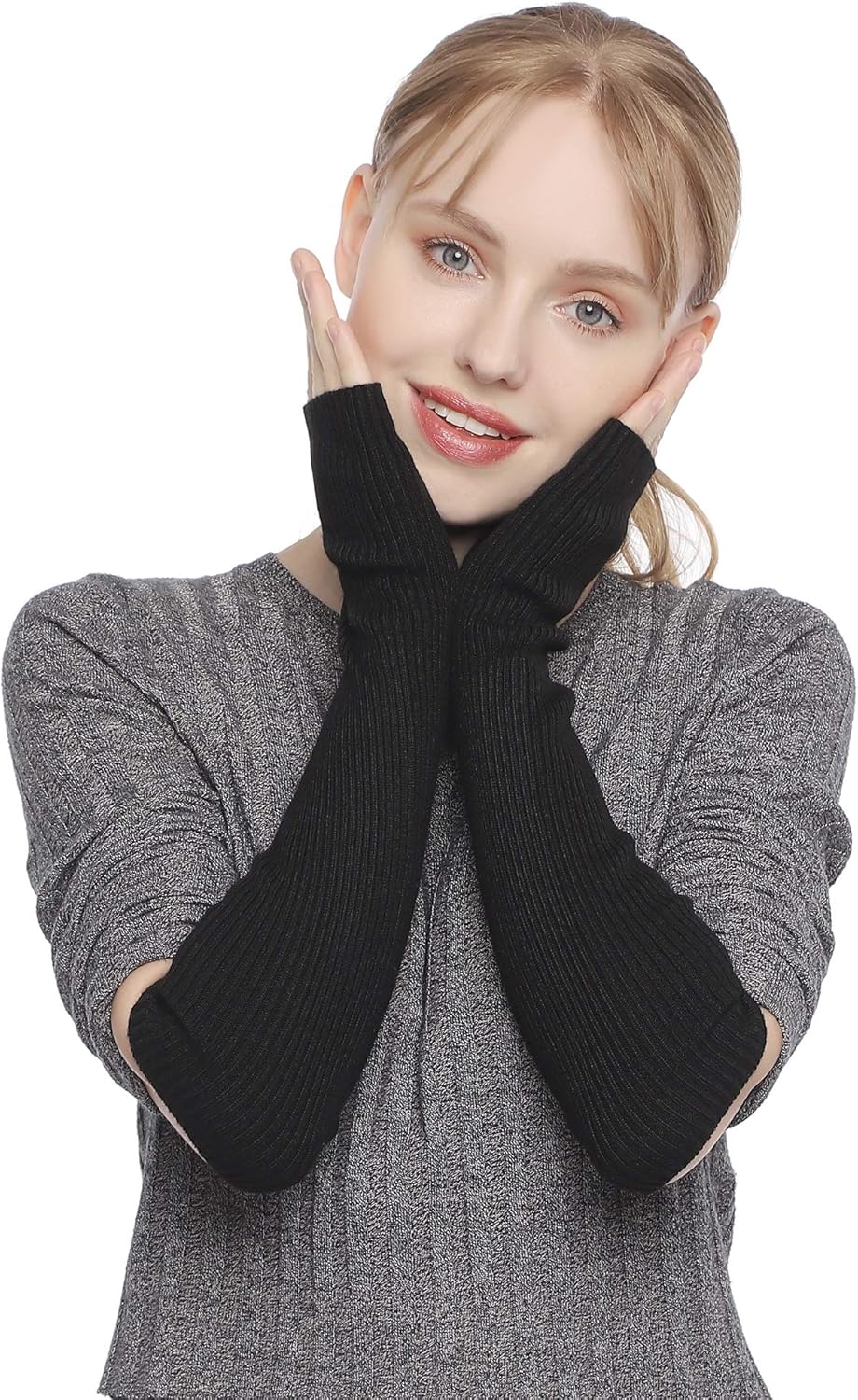 Flammi Women's Knit Arm Warmer Gloves Warm Cashmere Long Fingerless Mittens with Thumb Hole (Black) at  Women’s Clothing store