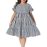 Agnes Orinda Plus Size Gingham Dresses for Women 1950s Plaid Round Neck Ruffle Sleeve Tiered Babydoll Midi Dress with Pocket
