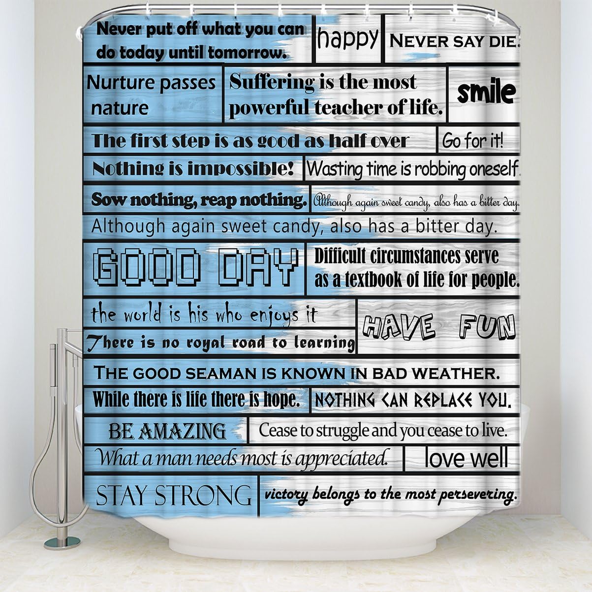Amazon Com Funny Quotes Shower Curtain Inspirational Motivational Happiness Wooden Plank Polyester Fabric Curtains Bathroom Accessories Set With Hooks For Home Hotel Blue And White Home Kitchen amazon com