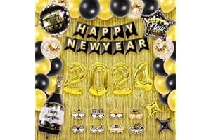 Kusamue New Years Eve Party Supplies 2024, Happy New Years Decorations 2024 Kits with Balloons Banner Photo Booth Props and Fringe Curtain, New Year Party Decorations for NYX Decor 2024