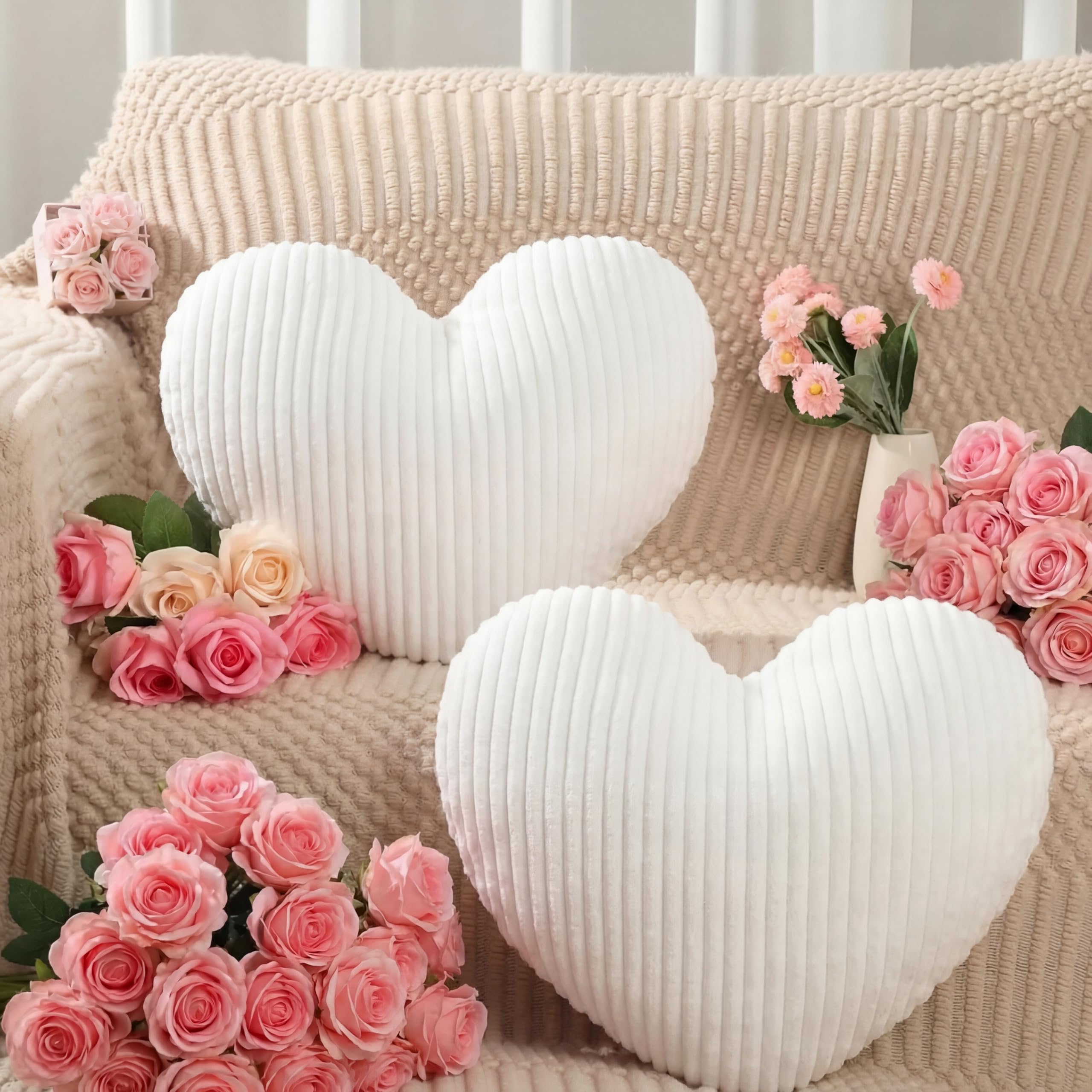 Photo 1 of Colingmill 2 Pcs White Valentine's Day Heart Shaped Pillow Valentine's Day Decorations for Girls Women Soft Faux Rabbit Fur Decorative Throw Pillow 11 Inch Striped Plush Cushion for Chair Couch Gift