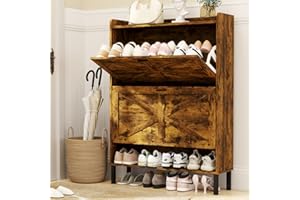 howcool Shoe Storage Cabinet for Entryway, Fits Size 13, 24 Pairs Sturdy Wood Farmhouse Shoe Rack Organizer with 2 Flip Drawers, 5-Tier Slim Narrow Freestanding Hidden Shoe Storage, Rustic Brown