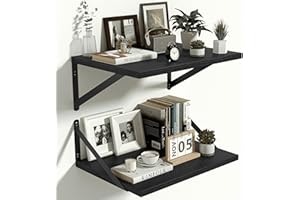 Heimlove 12 Inch Deep Black Floating Shelves，Wood Wall Shelves 16" W x 12" D Set of 2,Wall Mounted Shelves for Living Room, B