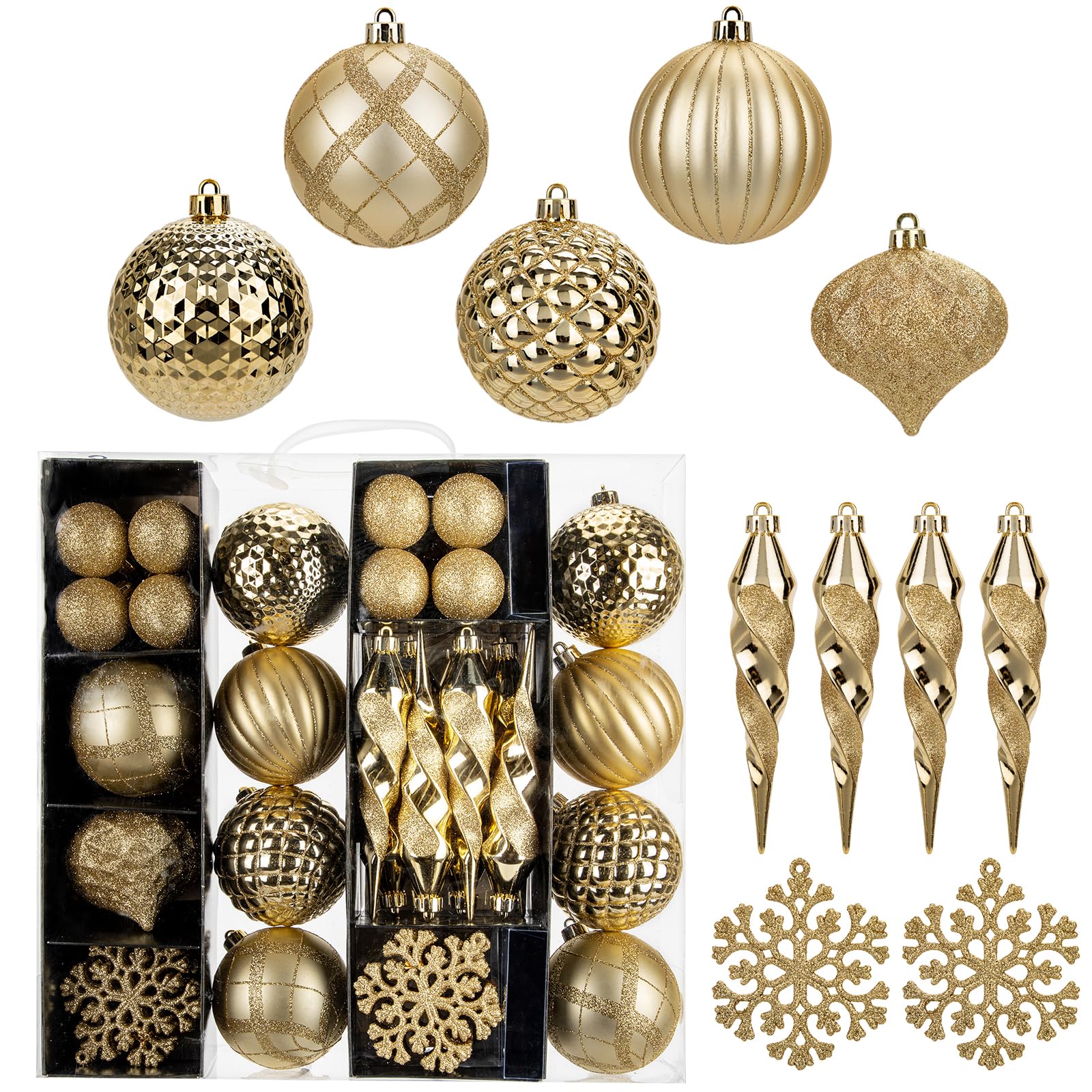 Briful 50PCS Gold Christmas Baubles Set, Christmas Tree Decorations Set with Shatterproof Xmas Baubles Icicle Snowflake, Hanging Ball Ornaments for Xmas Decorations Home Decor
