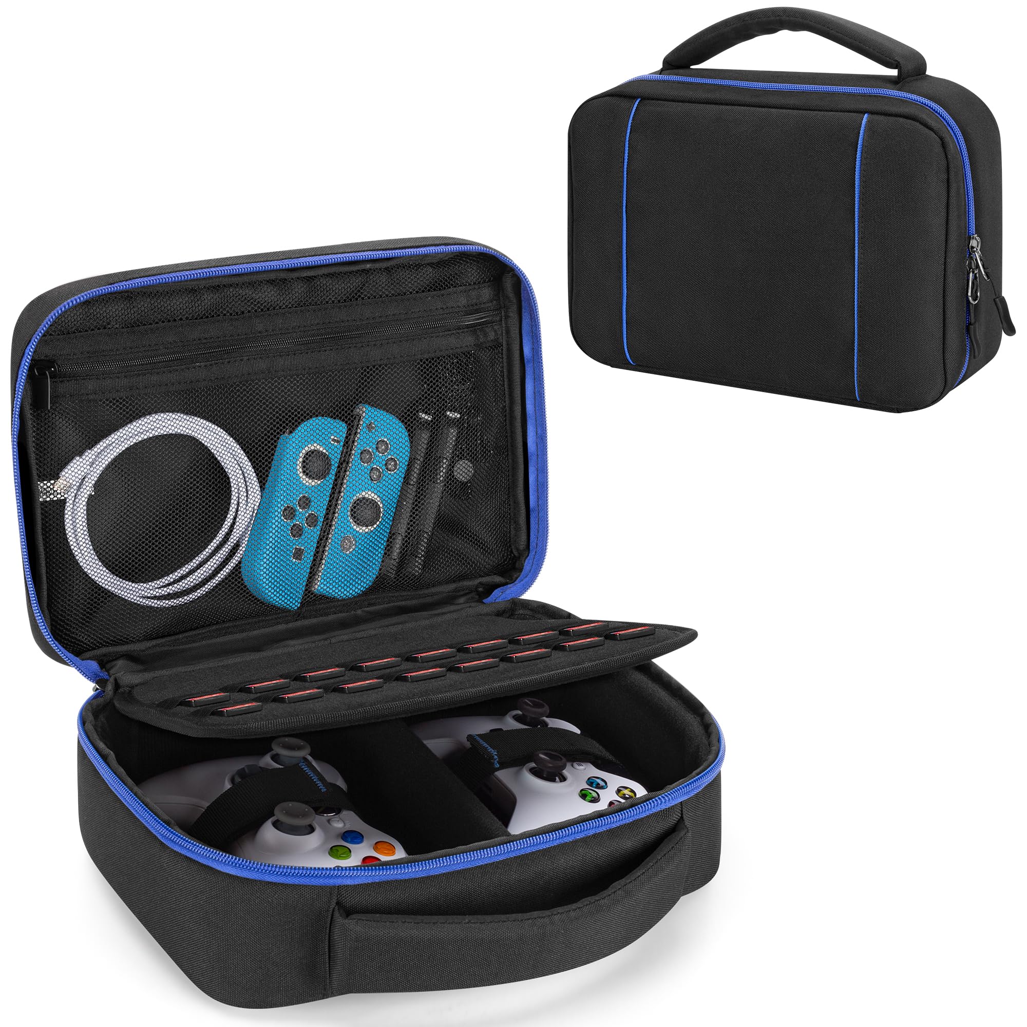 PGmoon Travel Carrying Case Compatible With PS5 / PS4 / Xbox / Switch Pro Controllers, Protective Storage Bag for 2 Controllers & Accessories, Blue (Patent Design)