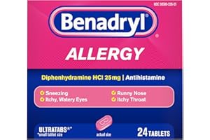 Benadryl Ultratabs Allergy Relief Medicine, 25 mg Diphenhydramine HCl Antihistamine Tablets For Relief of Cold & Allergy Symptoms Like Sneezing, Runny Nose, & Itchy Eyes & Throat, 24 ct