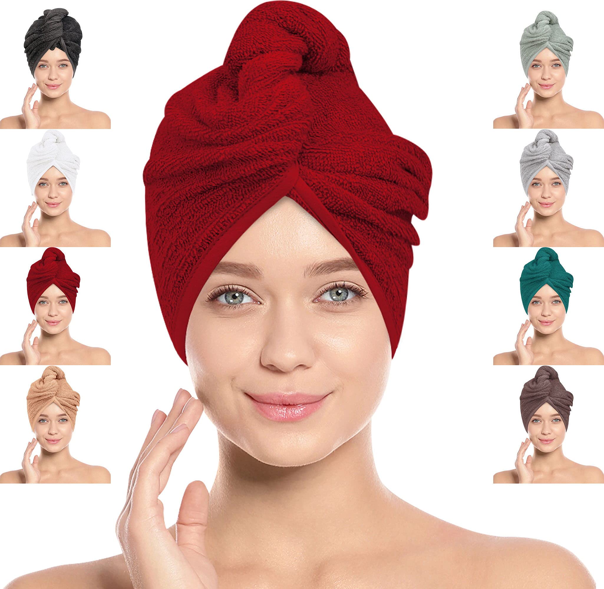 LOOMKNIT Hair Towel Wrap Lightweight Turban, Instant Drying 100% Cotton Hair Cap Super Quick Absorbent Anti-Frizz Twist Toweling Dry Hat with Button and Loop for Long Curly Hairs, 61 x 24CM