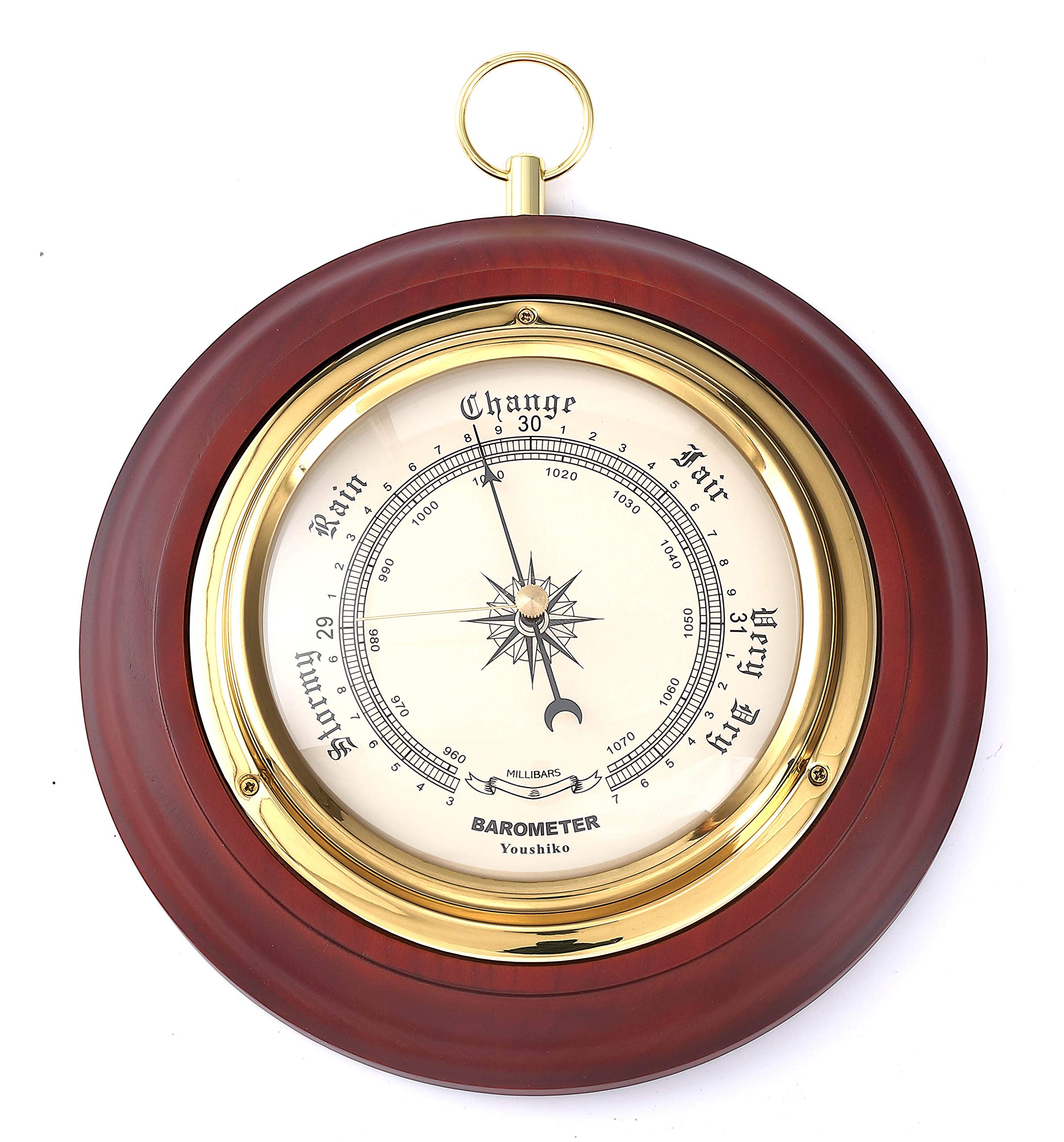 Youshiko (Latest 2026 Version) Traditional Barometer Mahogany Wood Surround Forecaster