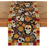 Artoid Mode Sugar Skull Yellow Daisy Day of The Dead Table Runner, Dia De Los Muertos Mexican Kitchen Dining Table Decoration for Home Party Decor 13x72 Inch