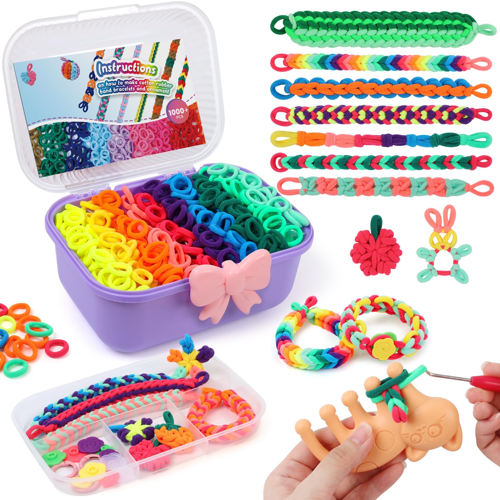 IQBOX Bracelet Making Kit Arts and Crafts for Girls Ages 8-12, Weaving Loom Bands DIY Toys Birthday Gifts for Kids 6 7 9 10 11 13 Year Old, 1000+ Elastic Cloth Rubber Band Fabric Loops