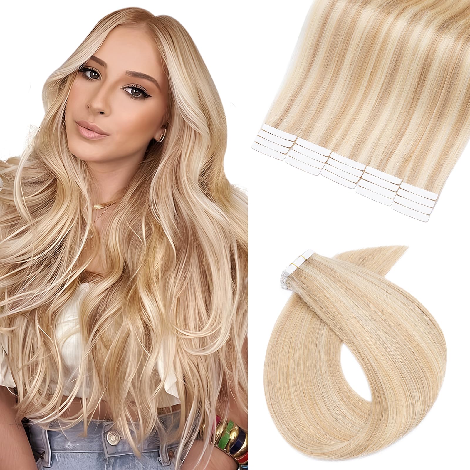 UK-Fashion-Shop Tape in Hair Extensions Human Hair 14 Inch Invisible Blonde Hair Extensions 20pcs Tape in Real Hair Straight 40g Seamless Remy Hair Tapes, #18/613 Ash Blonde with Bleach Blonde — image 1