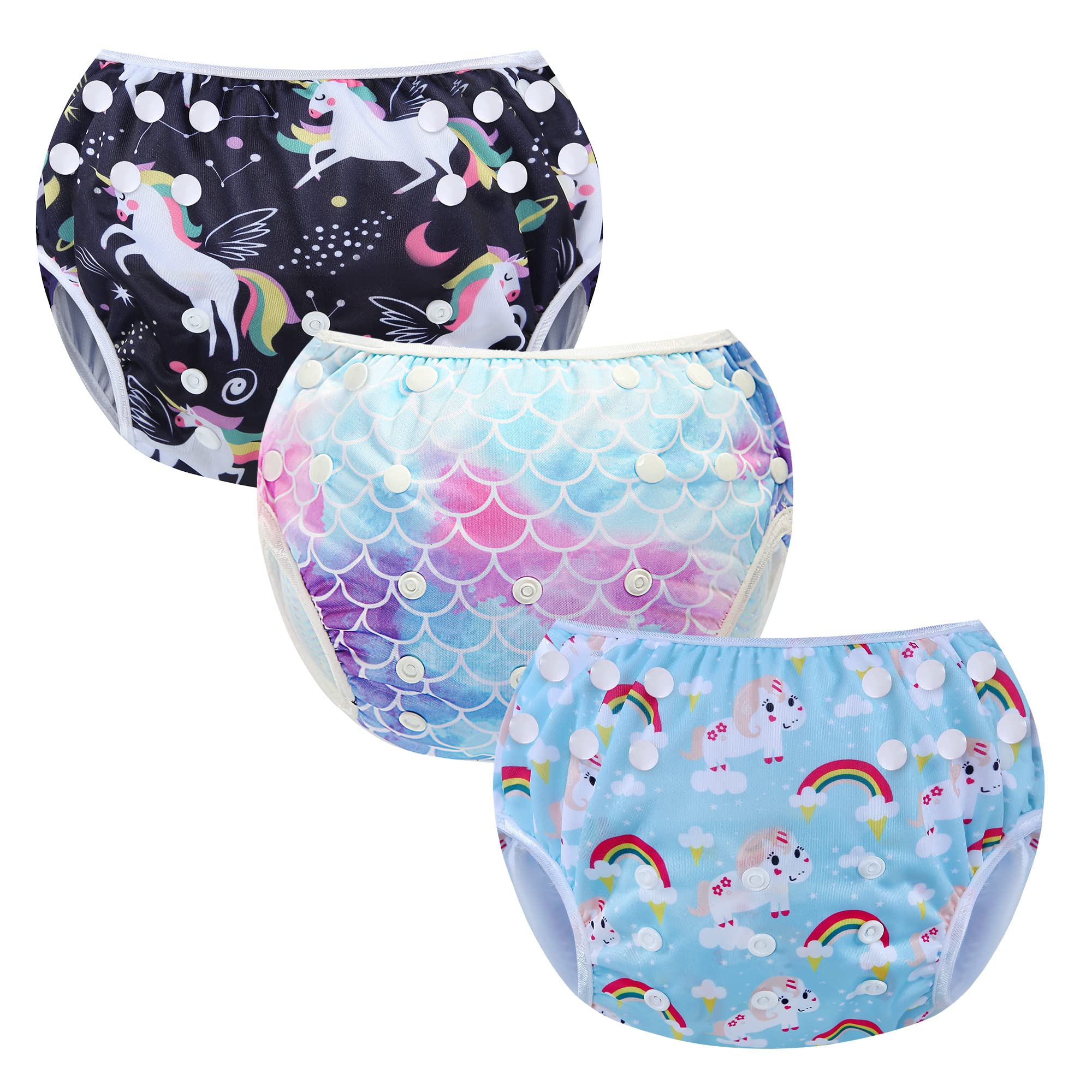 Codkkre Swimming Nappy Reusable Swim Baby Nappies Adjustable Size Washable Pack of 3 Nappies for Swimming Lessons 0-3 Years(Unicorn+Rainbow+Mermaid)