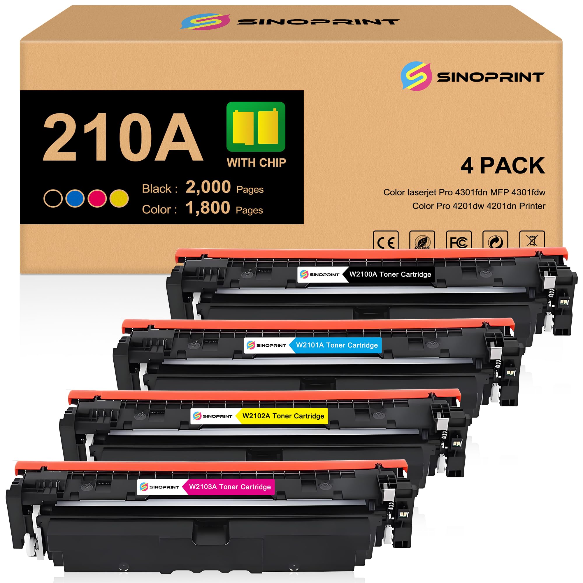 Photo 1 of SINOPRINT 210A Toner Cartridges 210X with Chip Compatible Replacement for HP Color LaserJet Pro MFP 4301fdw 4301fdn Pro 4201dw 4201dn Series Printer 210 W2100A W2100X 4 Packs Color Toner