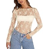 KTILG Womens Lace Long Sleeve Boat Neck Tops Sheer Blouse Sexy See Through Shirt Mesh Top S-XXL