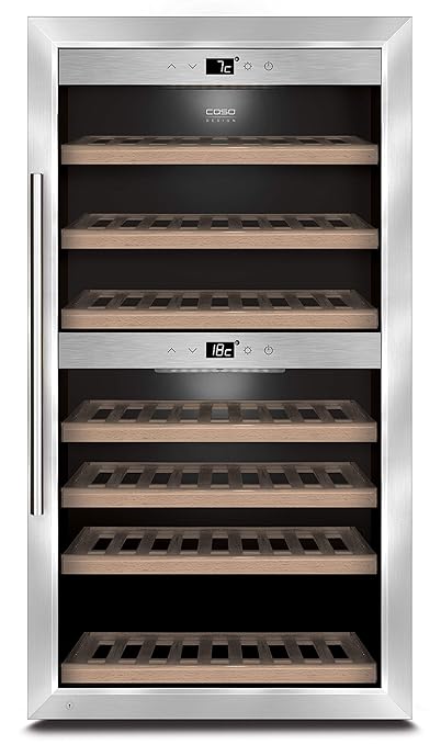 CASO WineComfort 66 Design Weinkühlschrank für bis zu 66 Flaschen (bis zu 310 mm Höhe), zwei Temperaturzonen 5-20°C, Getränke