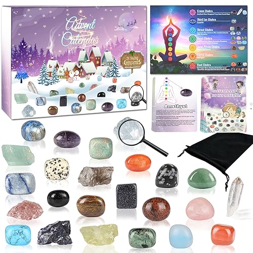 Crystal Advent Calendar 2025, 24 Days Christmas Countdown Natural Chakra Healing Stone Rock Spiritual Gifts for Adult Women, Novelty Minerals Fossils Learning Collection Kit for Boys Girls Teens
