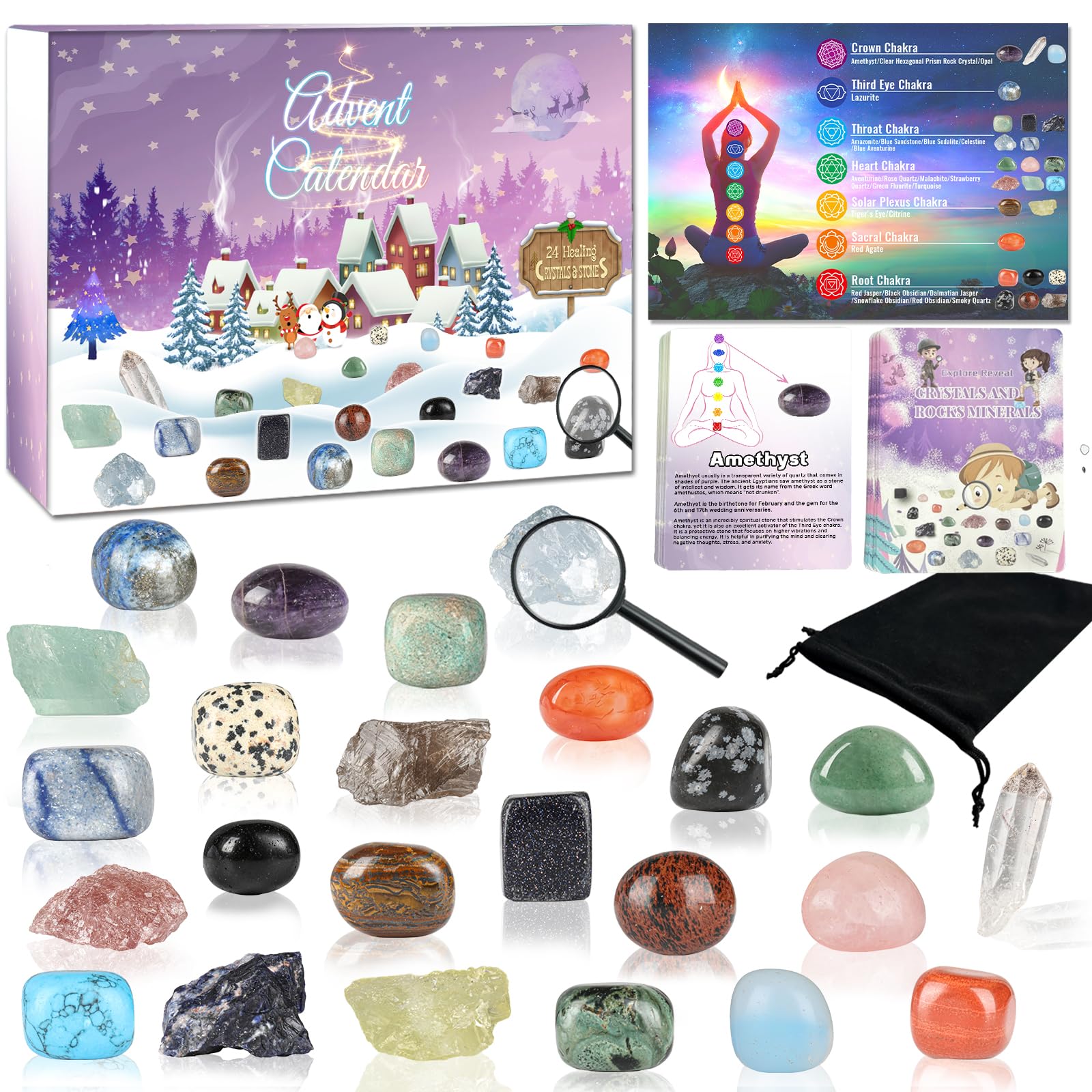 Crystal Advent Calendar 2025, 24 Days Christmas Countdown Natural Chakra Healing Stone Rock Spiritual Gifts for Adult Women, Novelty Minerals Fossils Learning Collection Kit for Boys Girls Teens