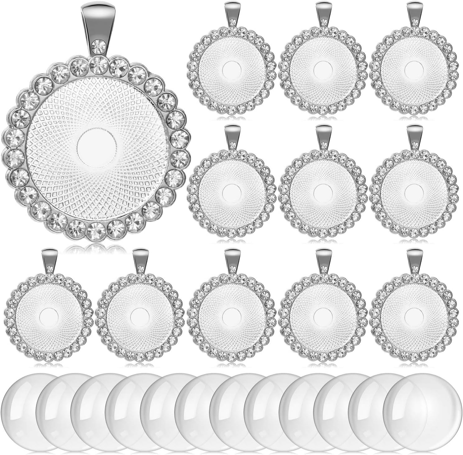 12 Pieces Rhinestone Diamond Pendant Trays 25 mm Round