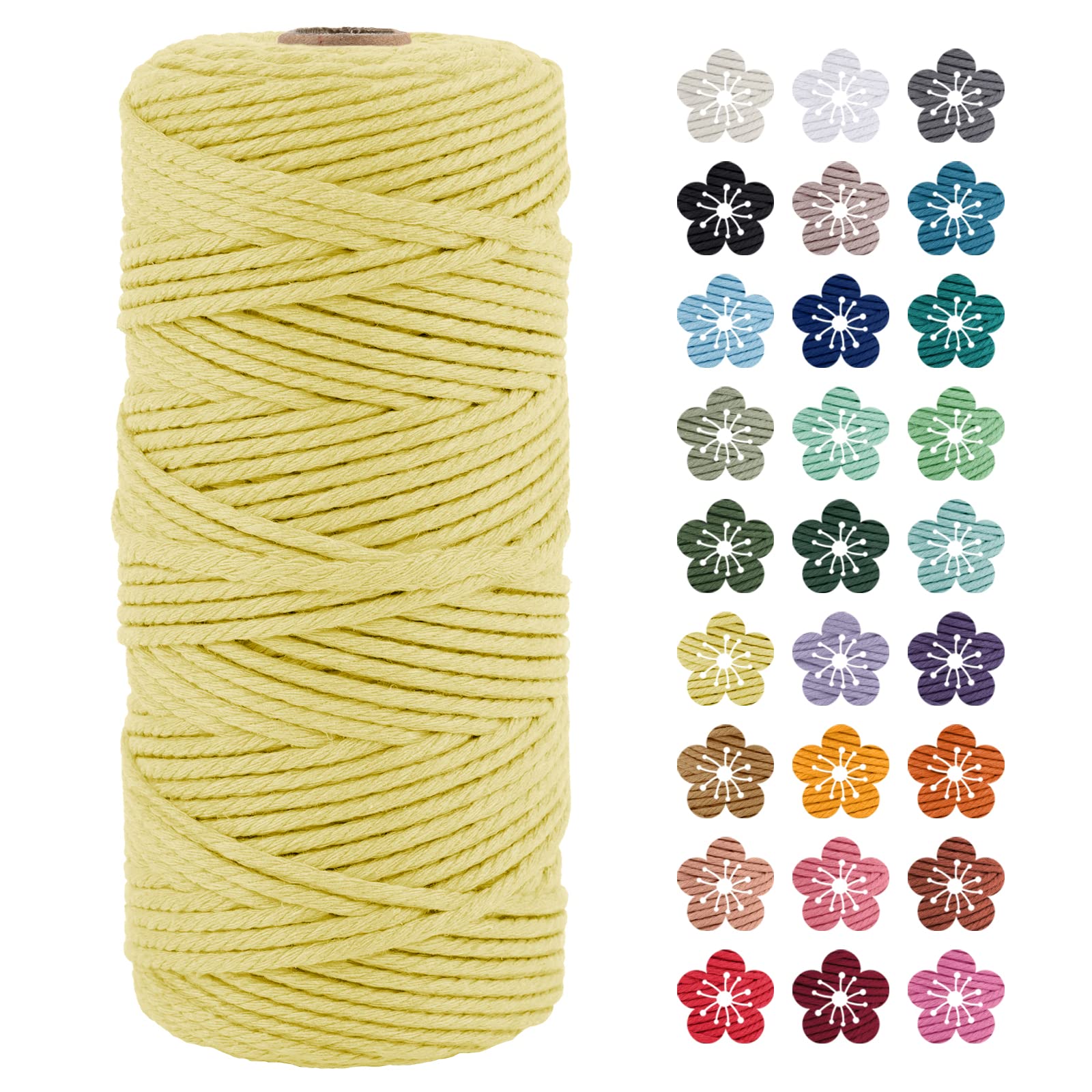 LEREATI Macrame Cord 3mm x 100m, Thick Macrame Rope Natural Cotton Rope Craft String, 4 Strand Twisted Cotton Cord Yarn for DIY Plant Hanger, Wall Hanging, Christmas Decoration (Light yellow)