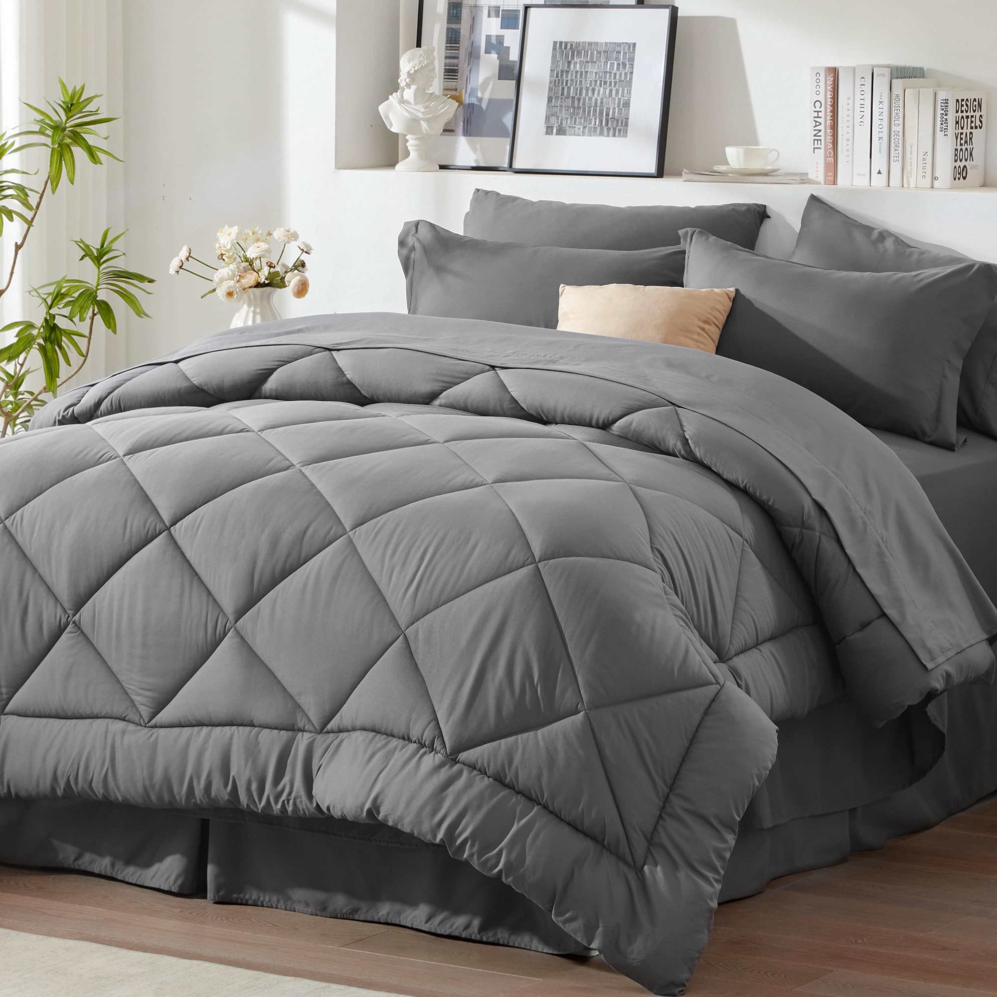 Newspin Twin XL Comforter Set Grey - Bed in a Bag Twin XL Size 6 Pieces, All Season Bed Set, Fluffy Comforter Set with Sheets, Sheet Set Quilt Blanket, Pillowcases & Shams & Bed Skirt Image