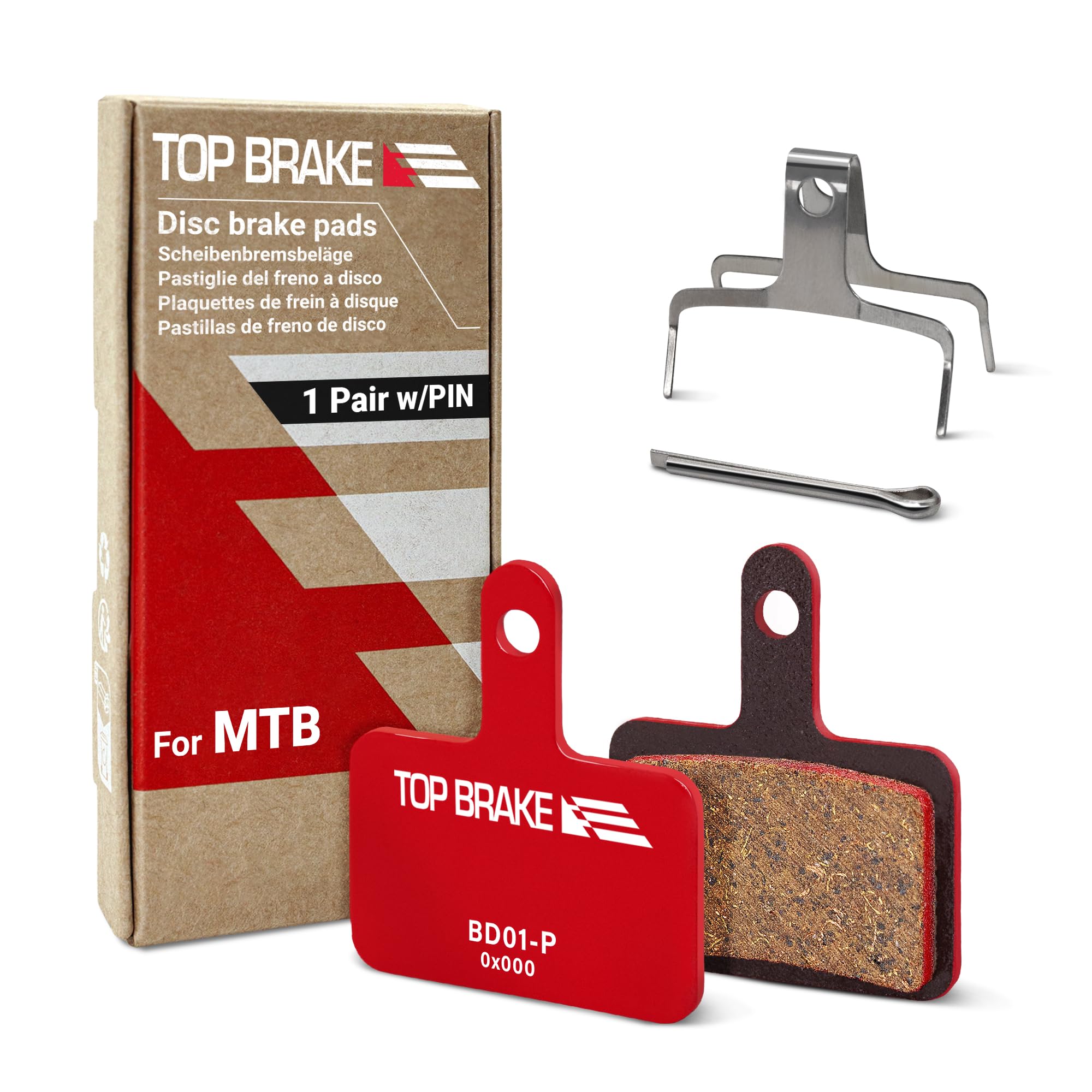 TOP BRAKE Disc Mountain Bike Brake Pads for Shimano Deore M515 M525 TRP Hylex TEKTRO Orion | MTB, Downhill, Trail Bikes| Ceramic Compound, Silent Option,Performance Version, Red (PIN Included)