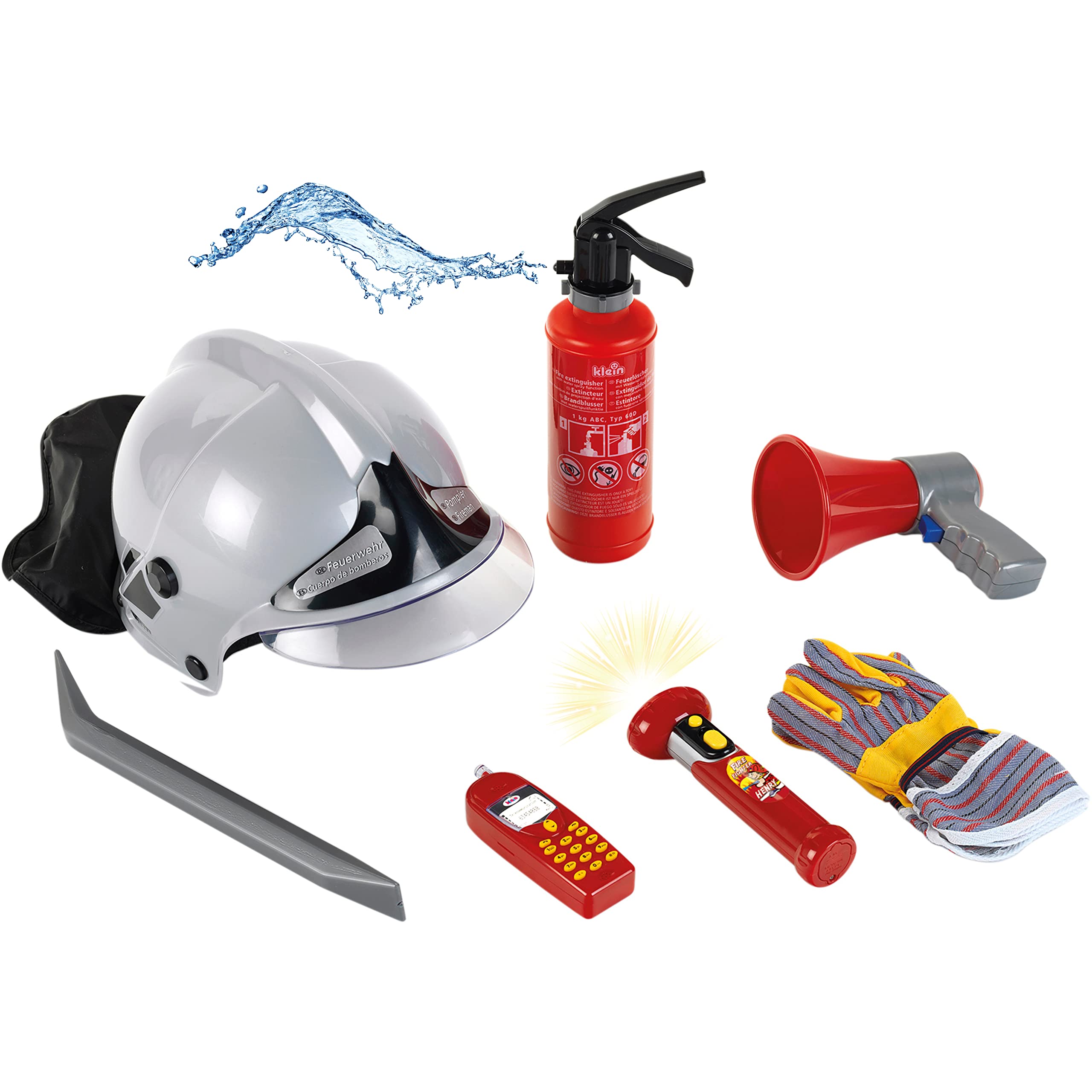 Klein Firefighter Set, 7-part with Helmet, Torch, Fire Extinguisher & More, Ages 3+, Packaging Dimensions: 52.4cm x 35cm x 20cm