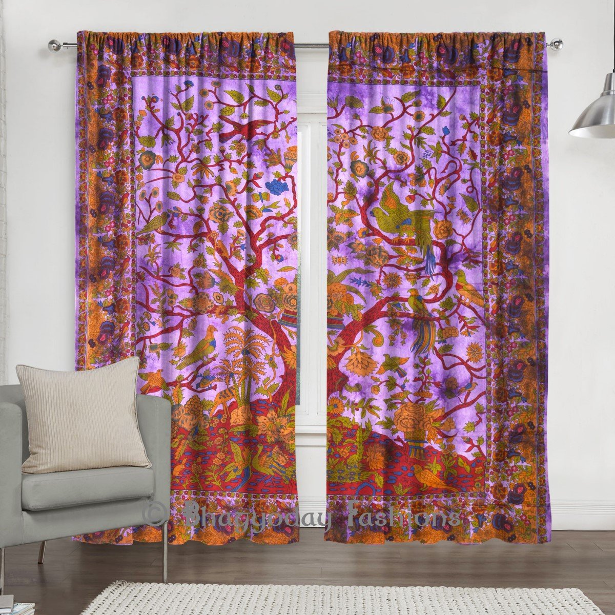 Indian Purple Tree Of Life Window Drape Curtain Mandala Cotton