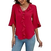 Blooming Jelly Womens Dressy Casual Blouses 3/4 Sleeve V Neck Ruffle Tops Business Ladies Summer Trendy Fashion Work Shirt