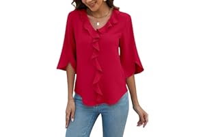 Blooming Jelly Womens Dressy Casual Blouses 3/4 Sleeve V Neck Ruffle Tops Business Ladies Summer Trendy Fashion Work Shirt