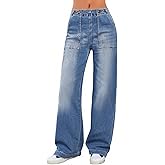 EMMIOL Women High Waisted Wide Leg Baggy Jean Straight Leg Stretch Denim Pants Mid Blue