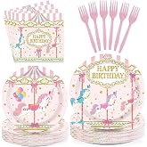 96Pcs Carousel Horses Birthday Party Decoration for Girls, Serves 24 | Carnival Merry-Go-Round Plates and Napkins Pink Gold Carousel Themed Tableware Set for Carnival Birthday Baby Shower Supplies