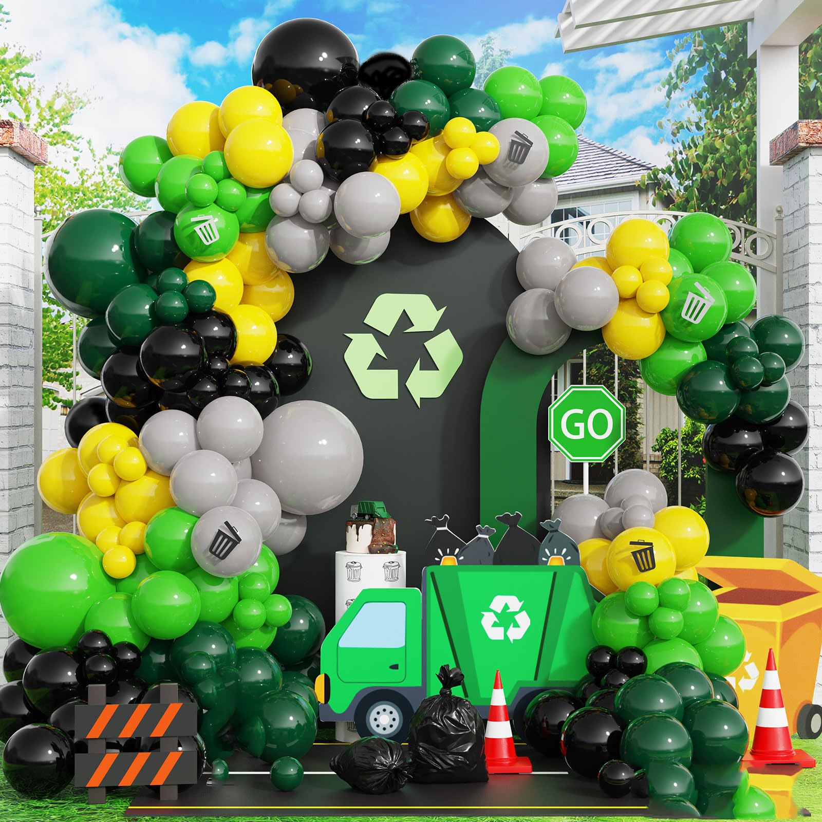 Photo 1 of 181pcs Garbage Truck Birthday Decorations, Recycling Truck Birthday Decor Green Black Yellow Balloons Garland Arch Kit for Boys Waste Management Recycling Party Supplies