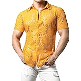 JOGAL Mens Floral Lace Shirt See Through Casual Button Down Shirts