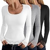 JoyMotion 3 Pack Women's Long Sleeve Lace Crop Tops, Knit Scoop Neck Slim Fit Shirts Trendy Casual Base Layer Tight Basic Tee