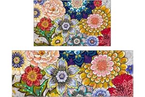 Xsinufn Boho Large Floral Kitchen Rugs Set 2 Piece Colorful Decorative Rug Runner Low-Profile Floor Mats Decorations for Home Kitchen(17"x48"+17"x30")