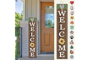 TQIANJIANG Interchangeable Welcome Sign for Front Porch Standing 47"X8" Outdoor Large Wood Frame with 12 Pcs Designed Icons Leaner Vertical Tall Outside Welcome Sign for Front Door Decor (Wood)