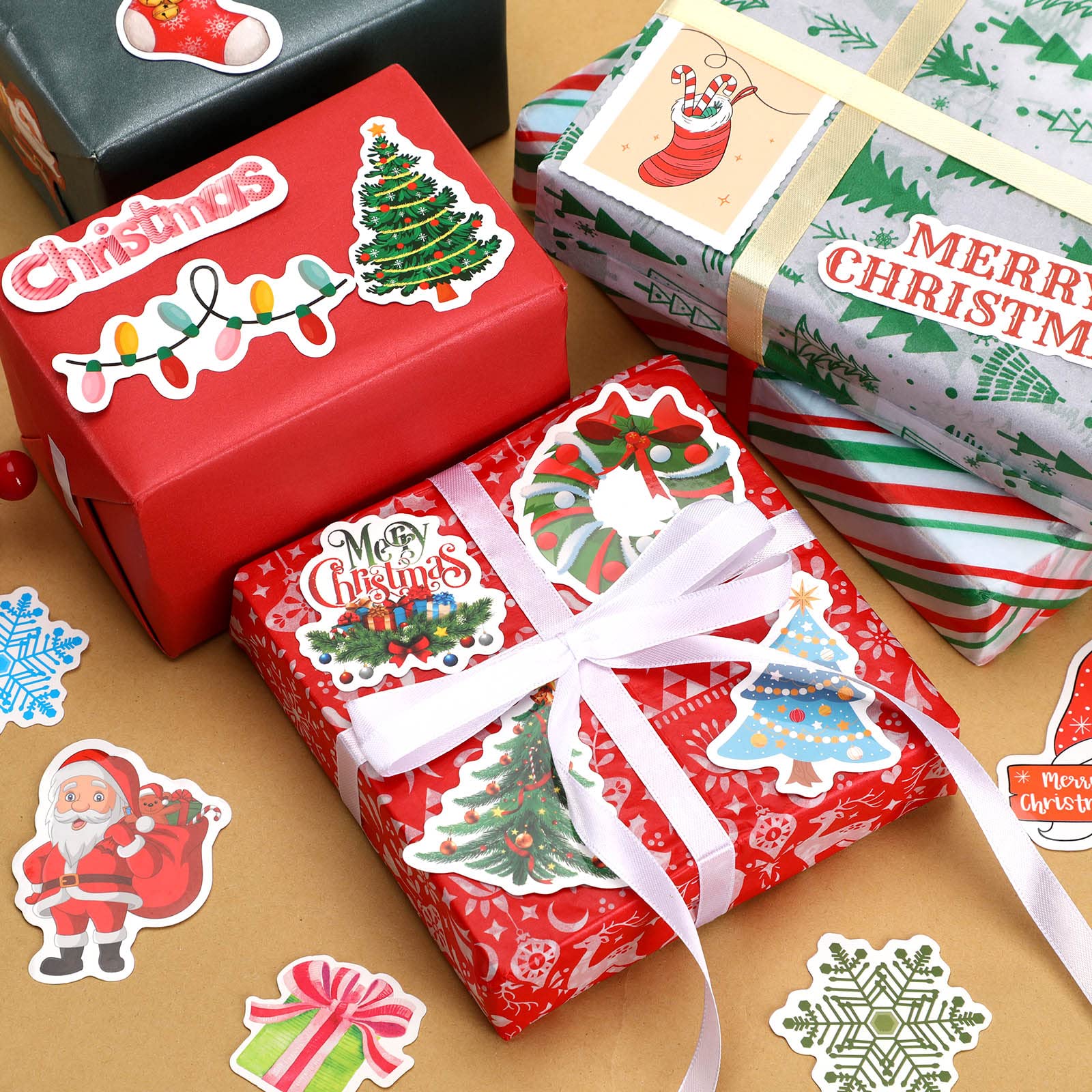 JULBEAR 200PCS Christmas Stickers, Non-Repeating Vinyl Holiday Party Stickers for Water Bottles, Cards, Scrapbooking Crafts Christmas Decorations Party Favors, Christmas Gifts for Kids Teens Adults
