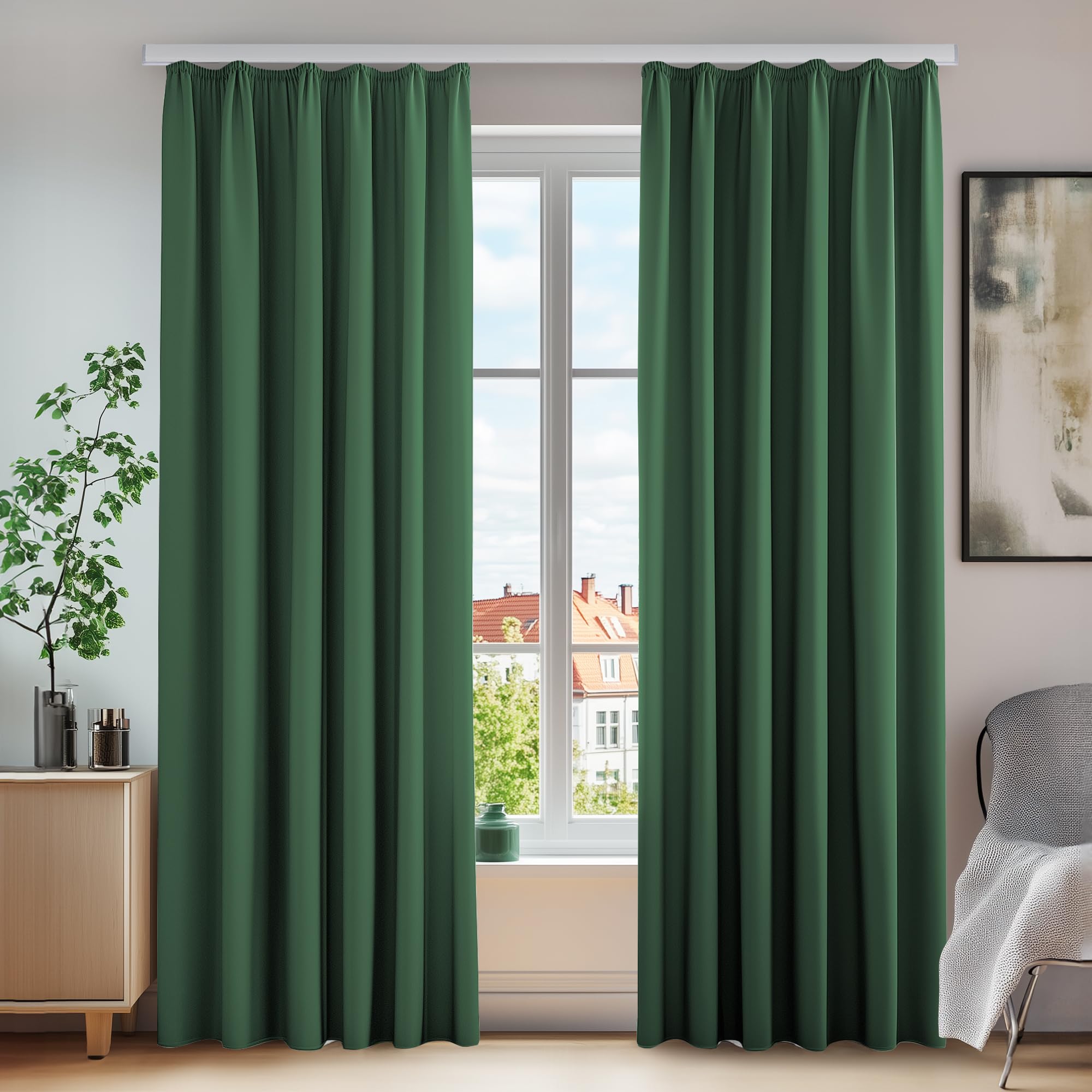 Deconovo Set of 2 Blackout Curtains with Ruffle Tape Sun Protection Thick Heat Protection 175 x 140 cm (H x W) Forest Green