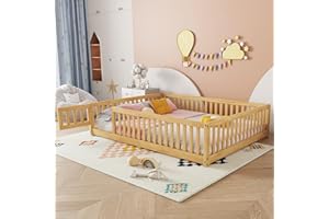 BELLEMAVE Queen Size Montessori Floor Bed with Slats and Center Support Bar, Queen Size Floor Bed Frame with Door and Fence, Easy Assemble Montessori Beds, Natural
