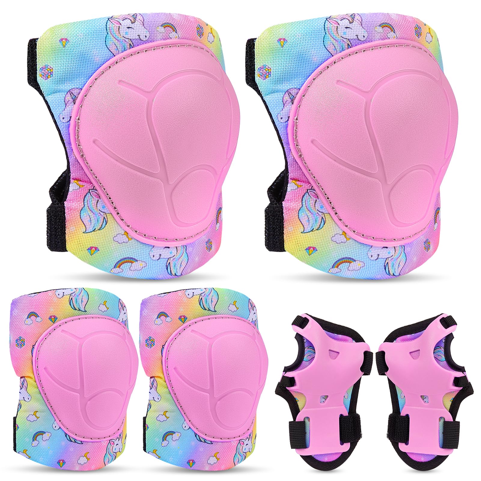 Unicorn Castle Knee and Elbow Pads Wrist Guards Set for Kids with Drawstring Bag 6 in 1 Adjustable Protective Gear Set,3-8yrs