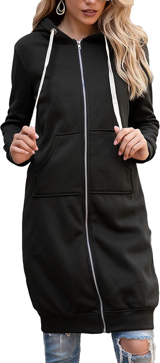 Yeokou Women's Casual Zip Up Hooded Drawstring Knee Length Outerwear Sweatshirt（BlackS） Amazon
