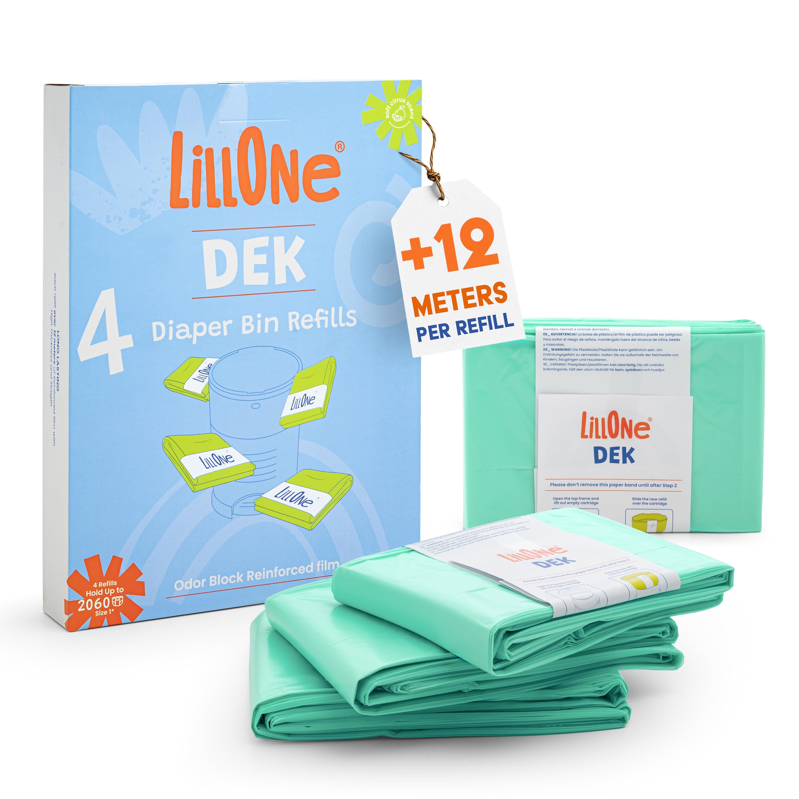 LillOne Refill Bags Compatible with Korbell Classic 16-Liter and Litter Champ Bins – Pack of 4 Refills Nappy Bin - 12 Meters Litter Refill for Cat Litter and Diaper Eaters - Extra Long Envelopes