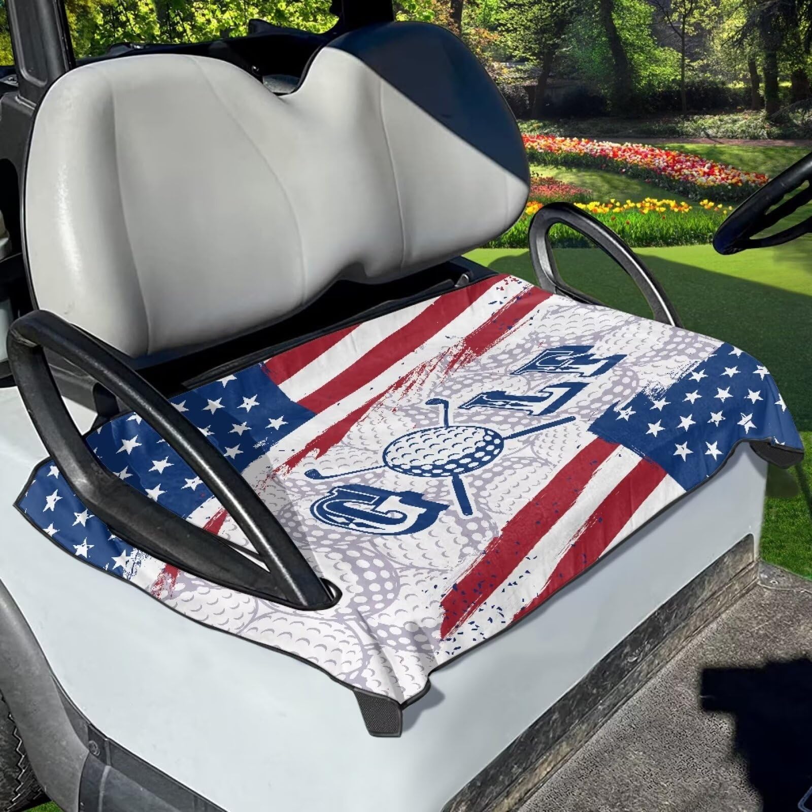 Photo 1 of Suobstales Golf Ball Pattern Golf Cart Seat Cover Retro American Flag Cart Seat Cushion Cover Lightweight Golf Blanket Golf Club Car Accessories for More 2-Person Seats Club Car, Easy to Install