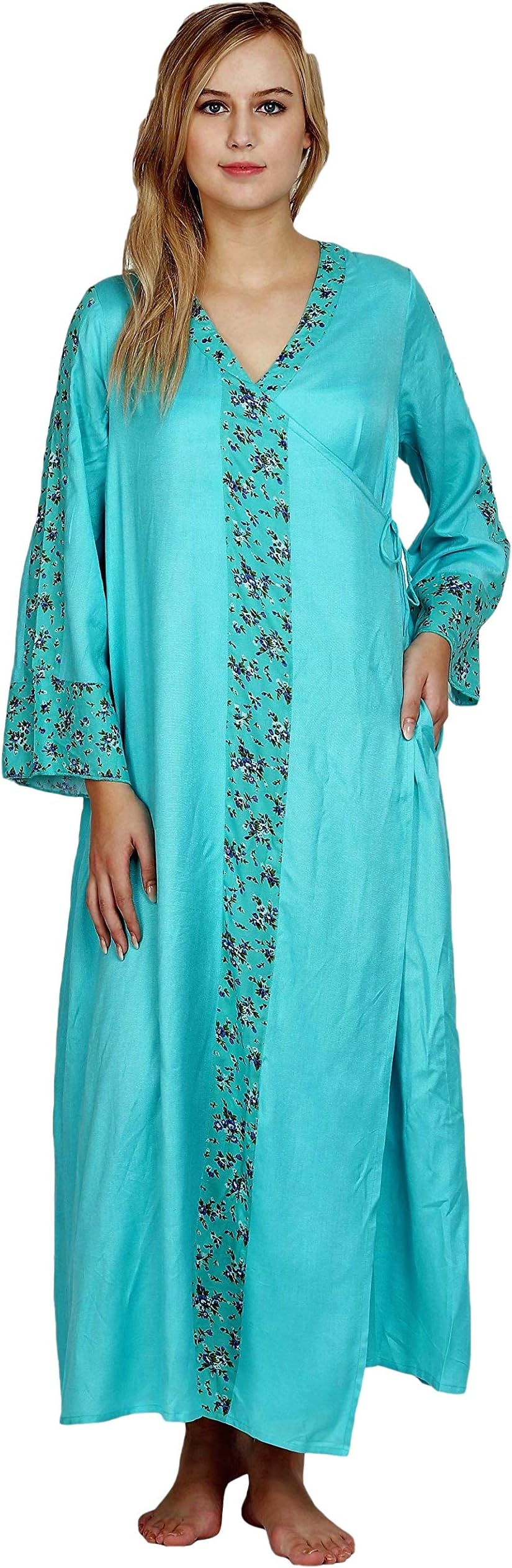Patrorna Women Angrakha Maternity Nighty/Night Gown in Teal Print I Superior Soft Cotton/Poly Silk Fabric Option, Size S - 10XL