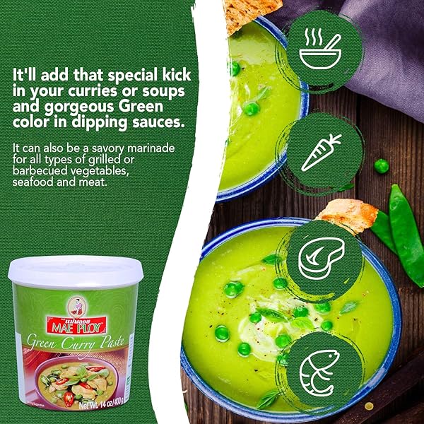 MAE PLOY GREEN CURRY PASTE, AUTHENTIC THAI GREEN CURRY PASTE FOR THAI CURRIES & OTHER DISHES, AROMATIC BLEND OF HERBS, SPICES & SHRIMP PASTE, (14OZ TUB) (25469)