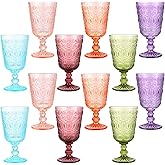 Eaasty Wine Glasses Set of 12 Vintage Goblet 9 oz Vintage Colored Glass Goblet Beverage Stemmed Glass Cups Romantic Embossed Glassware for Wedding Party Holidays Anniversary (Multi Colors)